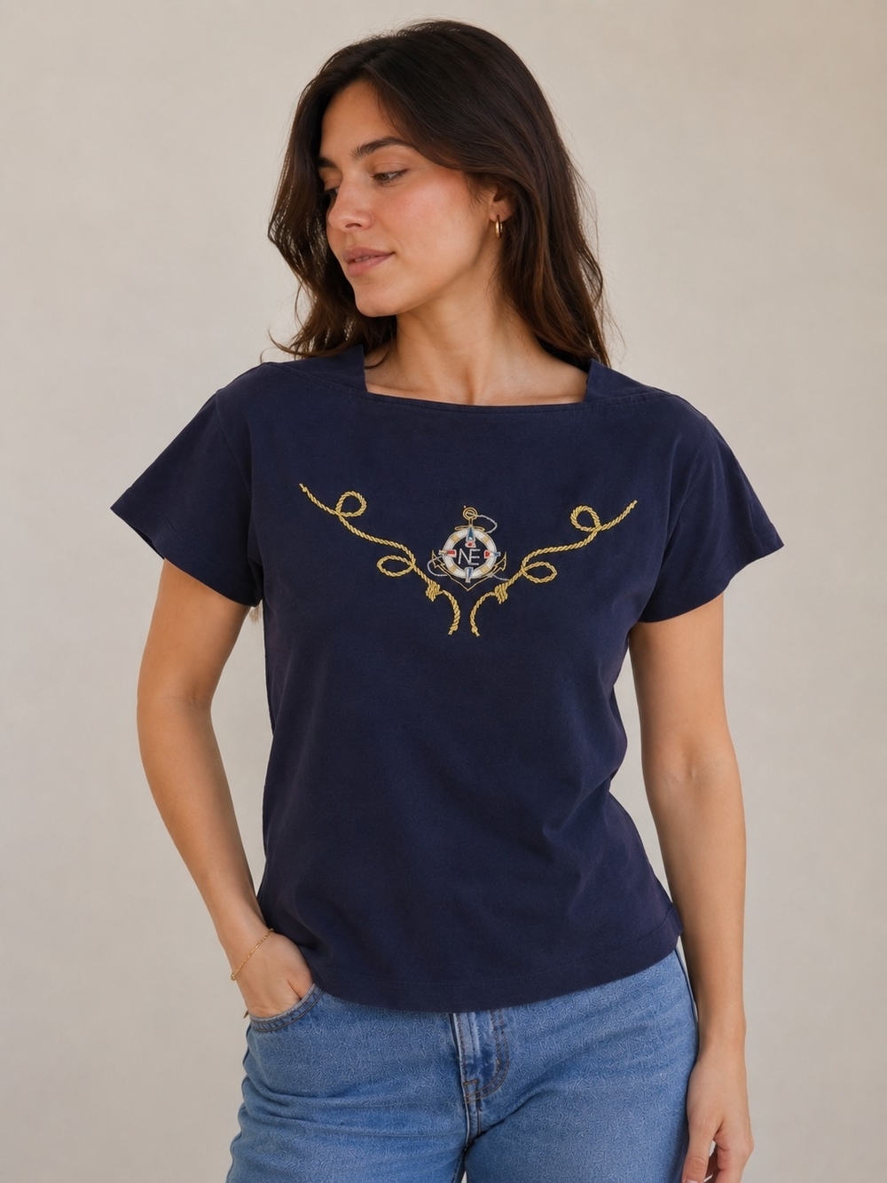 VTG Nevada Mme Forgues Navy Blue Nautical Embroidery Boat Neck T-Shirt 38 S/M